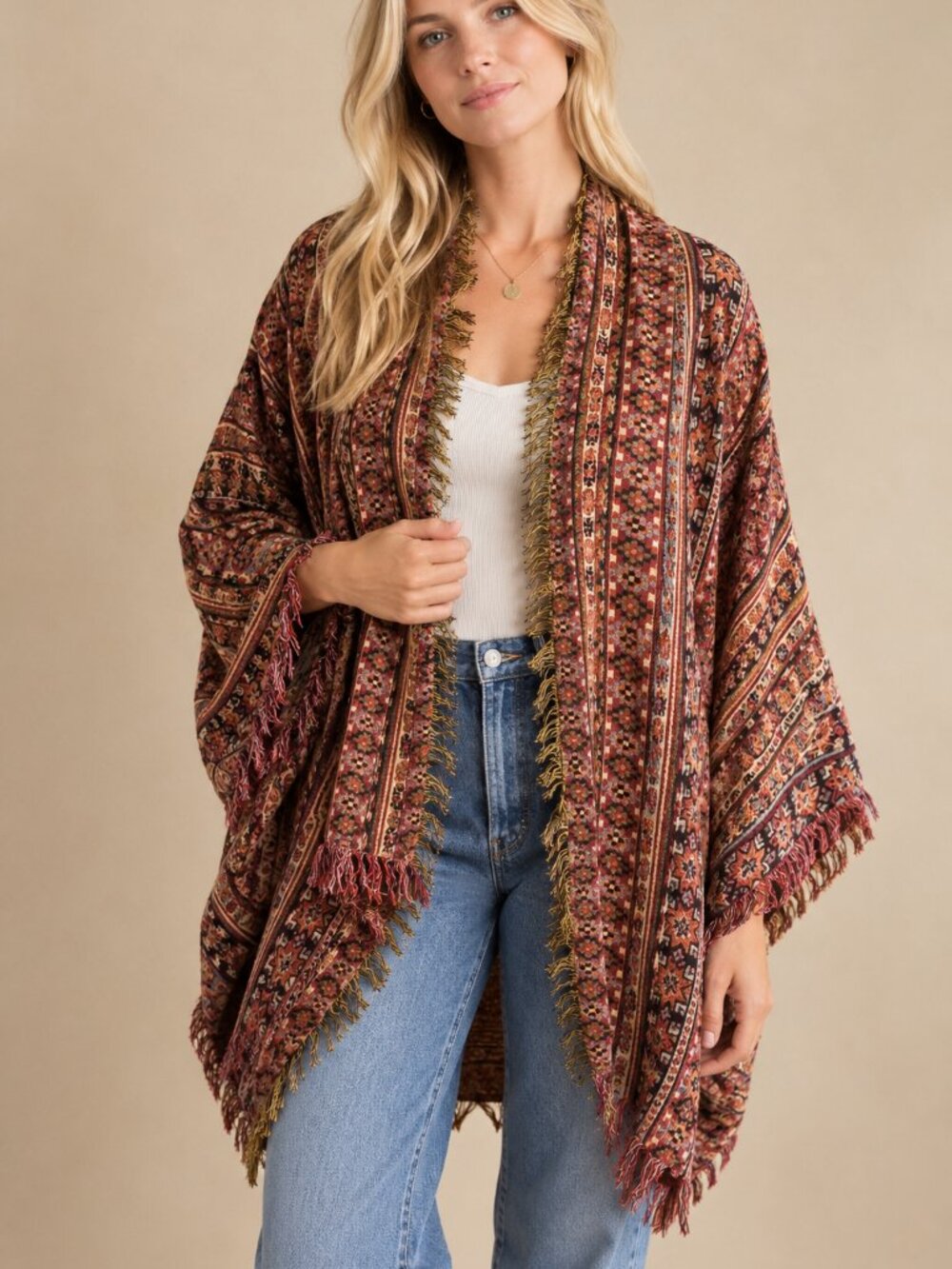Vintage BOHO Tribal Tapestry Open Cardigan Shawl Wrap REVERSIBLE